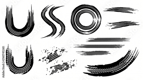 Tire tread marks and skid marks set for drifting, racing and off-road motorsport. Grunge wheel track brush strokes, circles and curves with ink splash effects. Vector car tire textures for design.