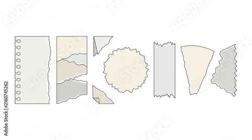 Torn paper pieces set with ripped notebook page fragments, blank scrap sheets, and serrated paper edges. Hand drawn paper mockup elements for scrapbooking, diary, and creative journal design.