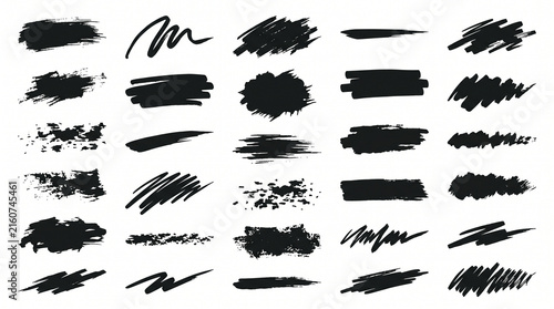 Hand-drawn black ink brush strokes and paint marks. Grunge artistic scribbles, charcoal texture elements, marker lines, and splatters isolated on white background. Comprehensive graphic kit set.