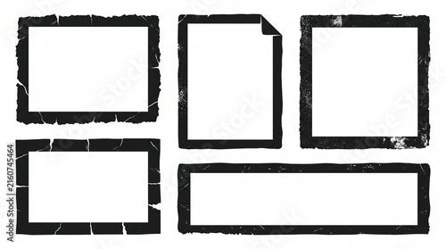 Grunge black frames and distressed borders with torn paper effects, rough edges, and weathered texture. Vintage photography masks, frame silhouettes, and grain overlays for photo mockup design.