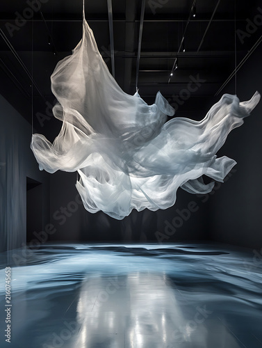 Abstract sculpture installation suspended above reflective water surface.