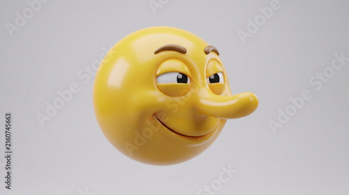 Funny 3D yellow emoji with a long nose and sly smile, representing lying, dishonesty, deception, and playful humor on a white background