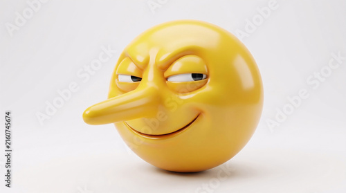 Funny 3D yellow emoji with a long nose and sly smile, representing lying, dishonesty, deception, and playful humor on a white background