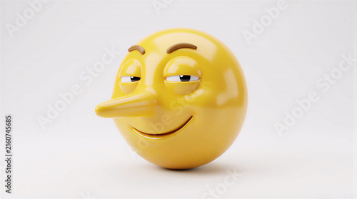 Funny 3D yellow emoji with a long nose and sly smile, representing lying, dishonesty, deception, and playful humor on a white background