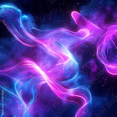 Abstract swirling nebula of cosmic energy in vibrant pink and blue hues.