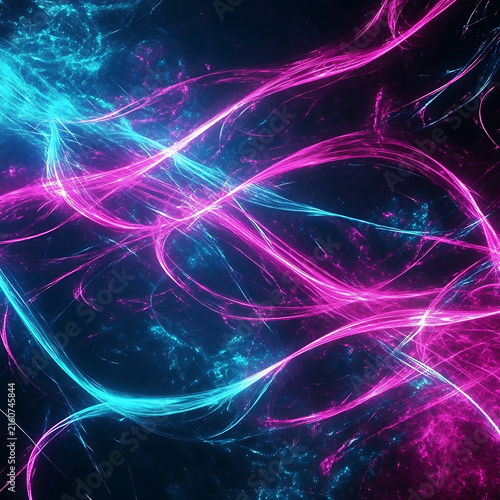 Abstract swirling neon energy trails in vibrant pink and blue.