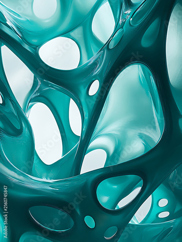 Abstract teal organic structure with interconnected holes.