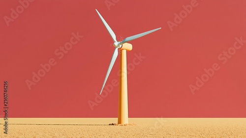Wind turbine standing in a vibrant pink and yellow field with a glowing, surreal atmosphere for renewable energy and digital connectivity concepts