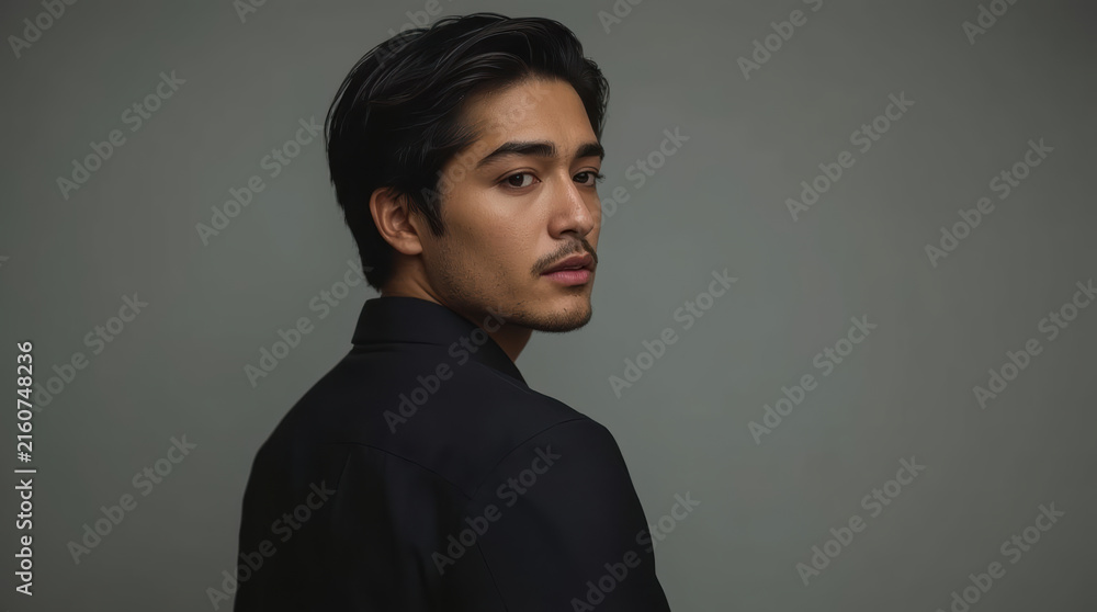 Fototapeta premium Asian man looking over shoulder with confident expression