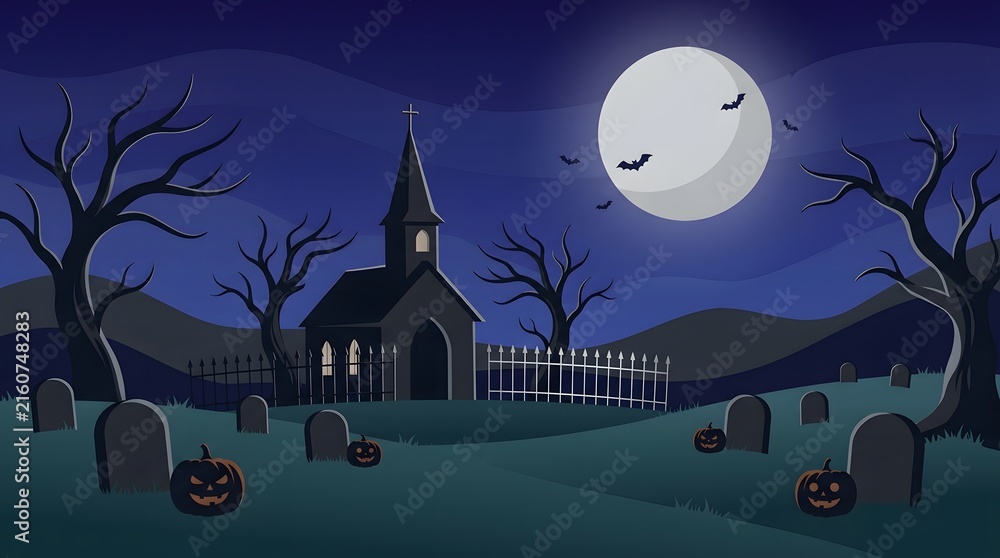 Fototapeta premium A spooky halloween night scene a dark castle silhouetted against a full moon bats flying and a creepy graveyard landscape creates a