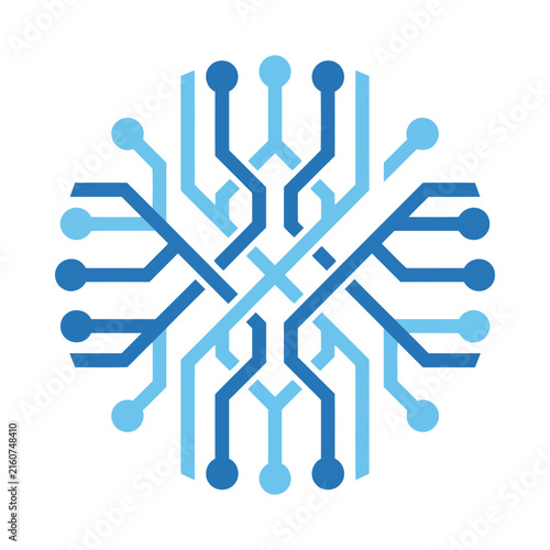 Abstract blue circuit board design in the shape of a symmetrical digital snowflake for technology and artificial intelligence concepts