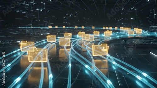 Digital Data Flow: Abstract visualization of digital data flowing through network connections, represented by glowing folders and light trails, symbolizing information transfer and technology.