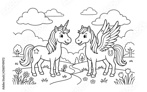 Two magical unicorns a winged horse and a unicorn standing in a meadow with flowers