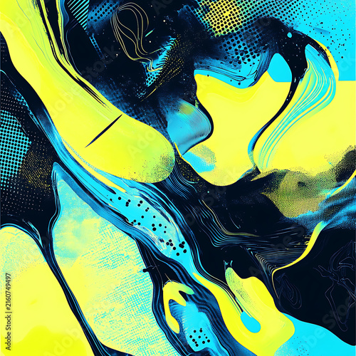 Vibrant abstract fluid art with dynamic swirls and halftone patterns.