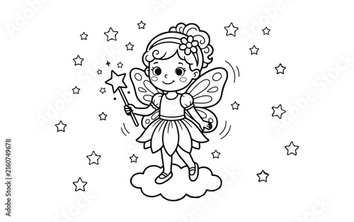 Cute little fairy girl with wings holding a magic wand standing on a fluffy cloud coloring page