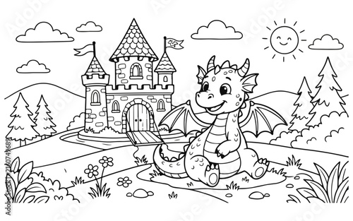 Cute cartoon dragon sitting in front of a magical fairytale castle for kids coloring book page activity