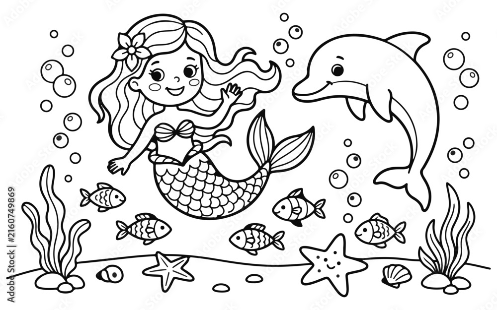 Fototapeta premium Charming black and white illustration of a mermaid swimming with a dolphin and ocean life