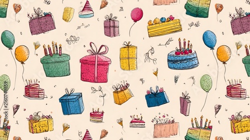 Colorful hand drawn birthday party seamless background with cakes, gift boxes, balloons and festive decorations for banners, textiles, wrapping paper, wallpapers and celebration designs
