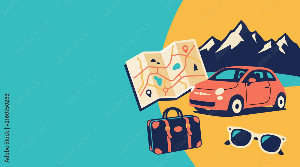 Naklejka premium Flat illustration of a red car with a suitcase, map, and sunglasses for a mountain road trip.