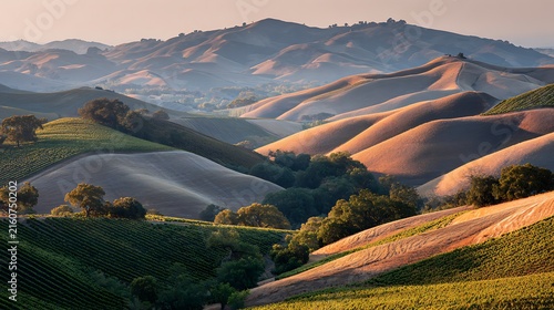 Rolling vineyards at sunset with distant hills 