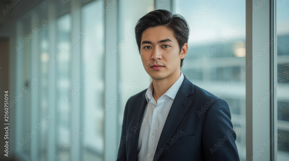Fototapeta premium Asian man standing near bright window in modern office with calm expression