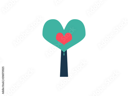 Minimalist illustration of a teal tree with a bright red heart center