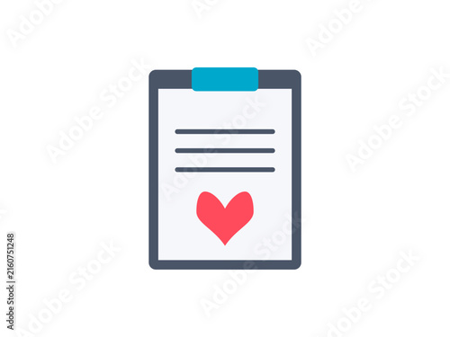 A flat icon representing a medical clipboard with a heart symbol