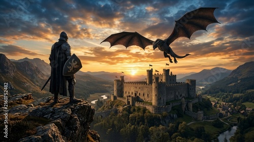 Armored knight observing flying dragon above castle at sunset