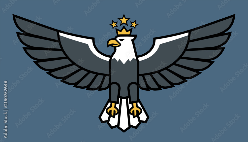 Fototapeta premium Regal bald eagle with spread wings wearing a golden crown with stars, representing patriotism, power, leadership, and heraldry.