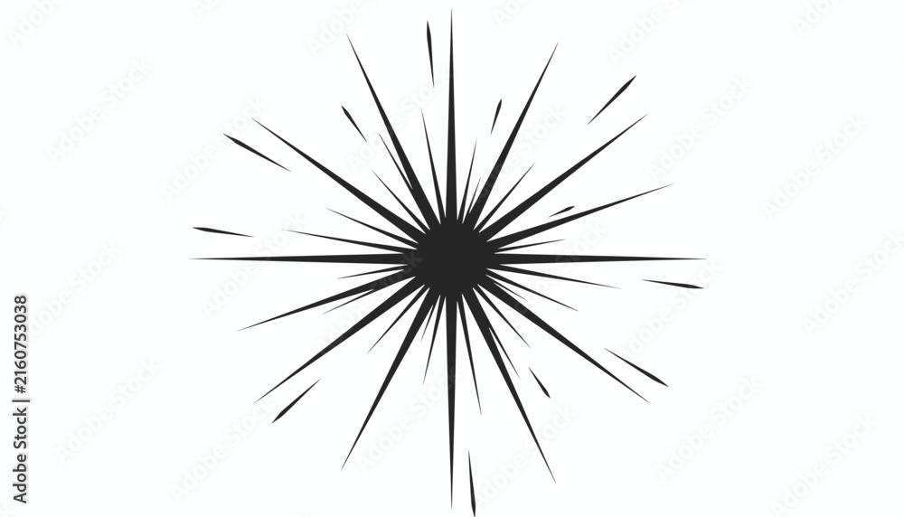 Obraz premium Hand drawn black starburst sparkle with dramatic radiating sharp spikes and paint splatters isolated on a clean white background.