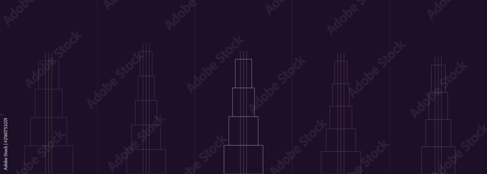 Fototapeta premium Abstract illustration of tiered geometric towers on a dark purple background