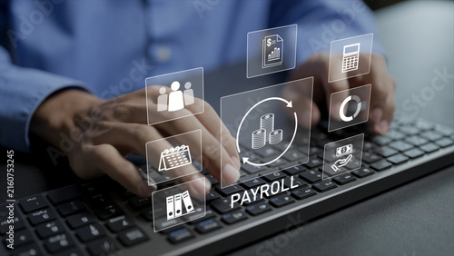 Payroll and business finance management concept. Person typing keyboard with salary, money calculator and employee icons, automated payroll processing, tax calculation and accounting.