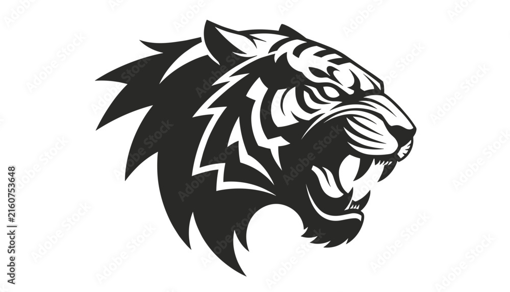 Obraz premium Powerful black and white vector illustration of a roaring tiger head showing fierce facial expression and stripes.