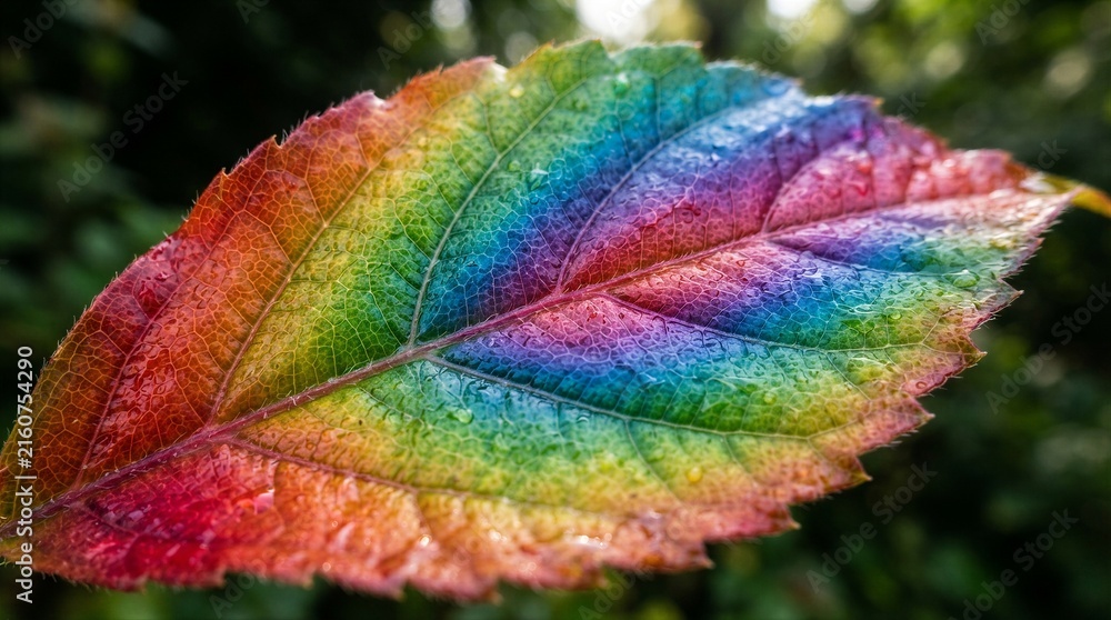 Fototapeta premium Single leaf displaying rainbow pigments on blurred background