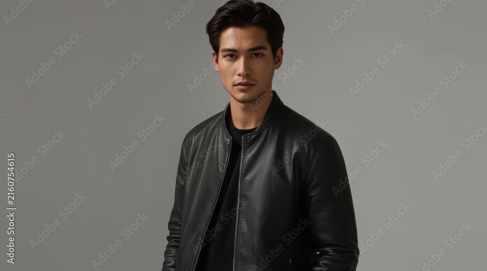 Fototapeta premium Asian man wearing plain black leather jacket in studio portrait with calm expression