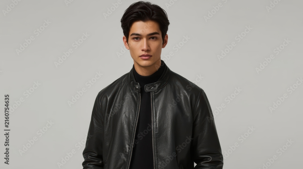 Obraz premium Asian man wearing black leather jacket in studio portrait