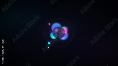 A central glowing orb with two colored particles orbiting, resembling an atom or molecular structure, against a dark background, representing scientific concepts.