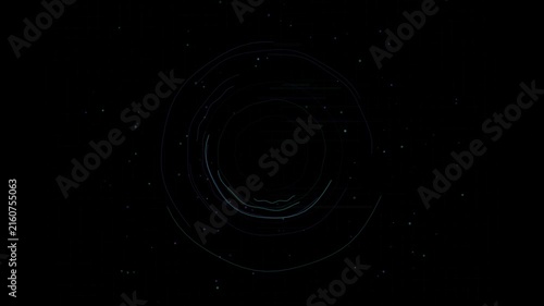 Dynamic concentric glowing blue and purple circles with scattered particles on a black background, symbolizing digital data flow and technological processes.