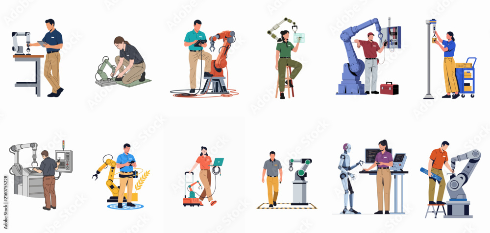 Fototapeta premium Collection of illustrations depicting male and female technicians and engineers working with industrial robots and automated machinery in a modern factory setting.