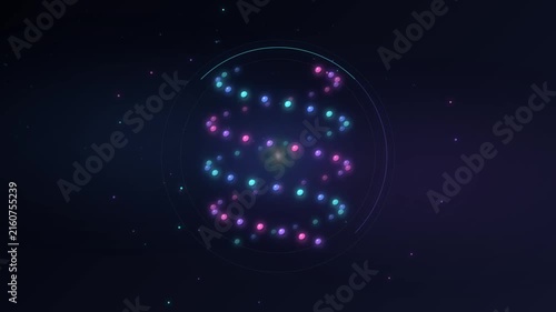 Abstract animation of glowing pink and blue spheres forming a DNA-like structure within a circular frame, symbolizing data flow and genetic information.