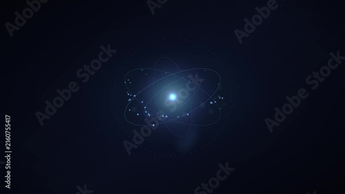 Stylized abstract animation of an atom with a brilliant glowing nucleus and orbiting electrons, representing scientific and technological concepts.