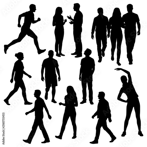 Collection of various black silhouettes of people walking running talking and exercising in different poses