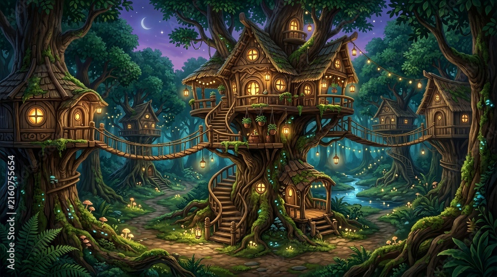 Obraz premium Treehouse village lit at night in forest clearing with bridges