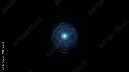 Abstract animation showcasing a luminous central point at the end of a geometric hexagonal tunnel, representing portals, data flow, and digital journeys.