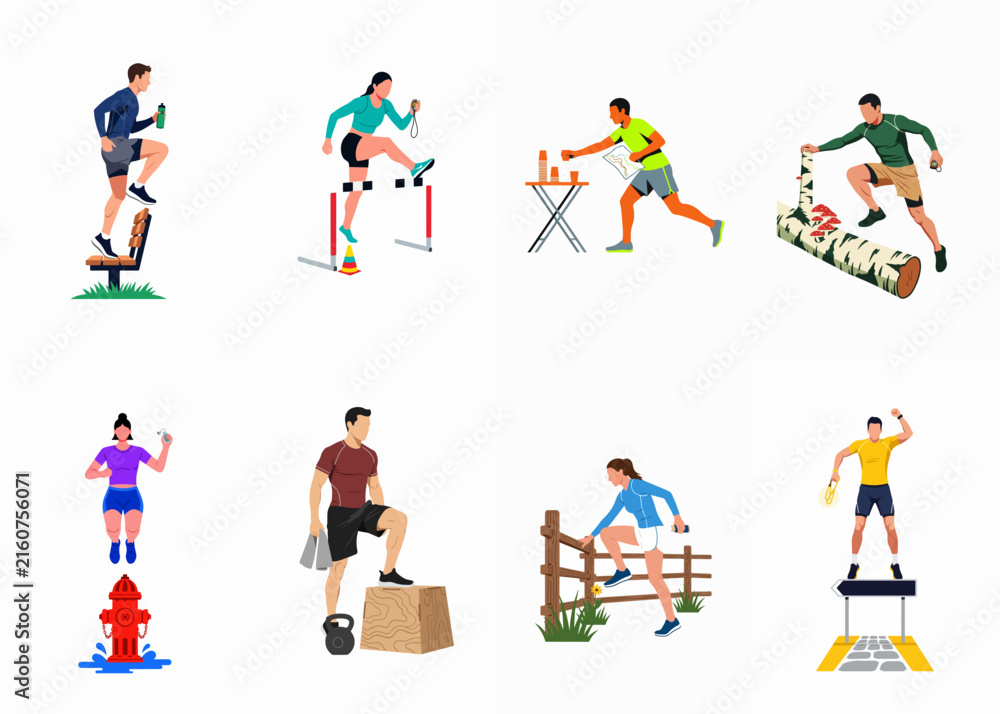 Fototapeta premium Flat vector illustration set of people overcoming various urban and natural obstacles through jumping, climbing, and athletic training.