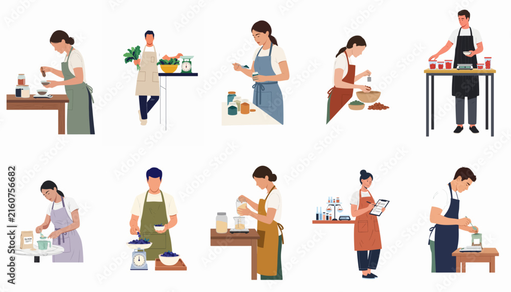 Fototapeta premium Set of Diverse People in Aprons Engaged in Various Culinary Activities Including Cooking, Baking, Weighing Ingredients, and Food Preparation on White Background.