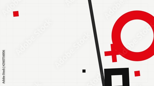 A clean, minimalist background with a subtle grid pattern showcases bold red circles, black squares, and strong diagonal lines.