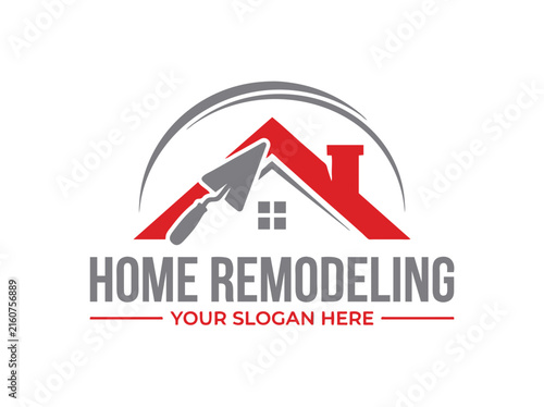 Bild auf Leinwand Home remodeling logo with red roof and trowel icon