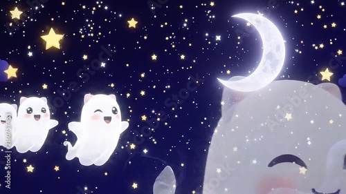 Cute kawaii cat ghosts flying in night sky with crescent moon and glowing stars animation