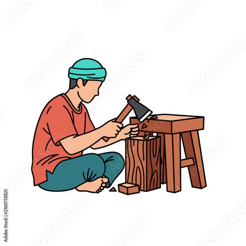 Craftsman Carving Wood with Axe